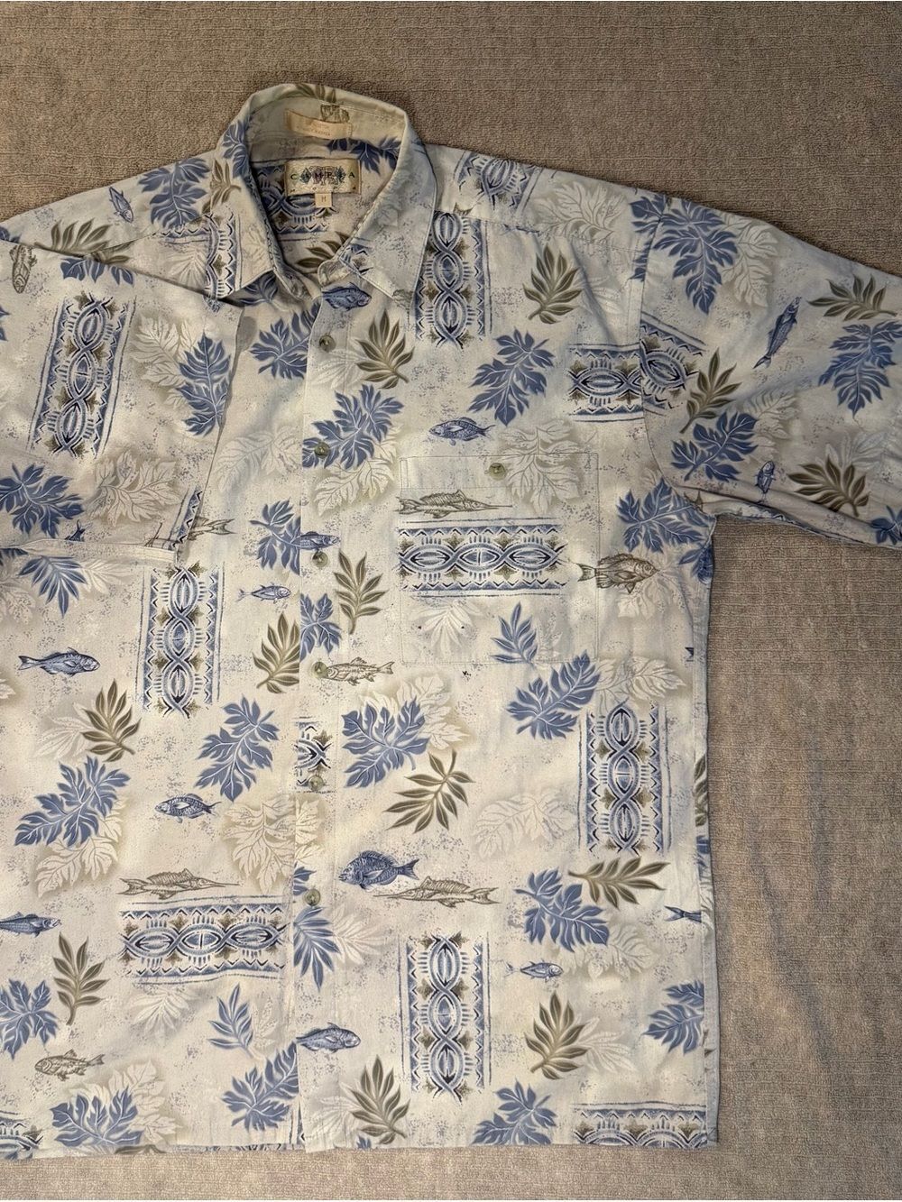 Campia Casual Button-Up Hawaiian Shirt - Blue & Beige Leaf Print-Medium